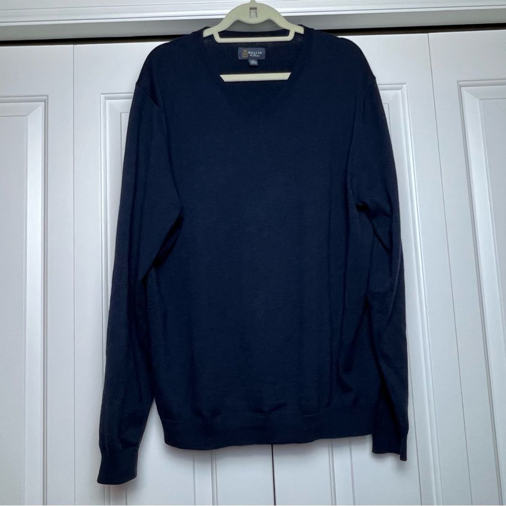 WALLIN & BROS Men’s V-Neck Cashmere Blend Sweater Navy Blue XL